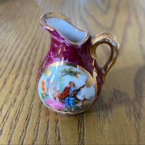 Limoges France Mini Pitcher Tea Vase with Handle Decorative - Gold & Burgundy